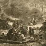 Engraved view of Peshtigo Fire showing people trying to escape the flames by boat and on horseback. A team of cattle also seek refuge and several birds take flight to escape the fire.