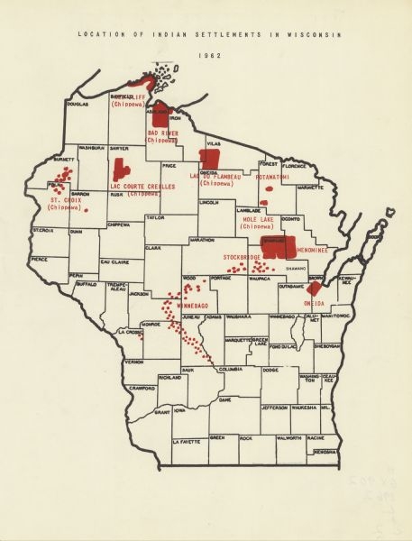 An outline map of Wisconsin with county lines. Reservation lands are marked in red.