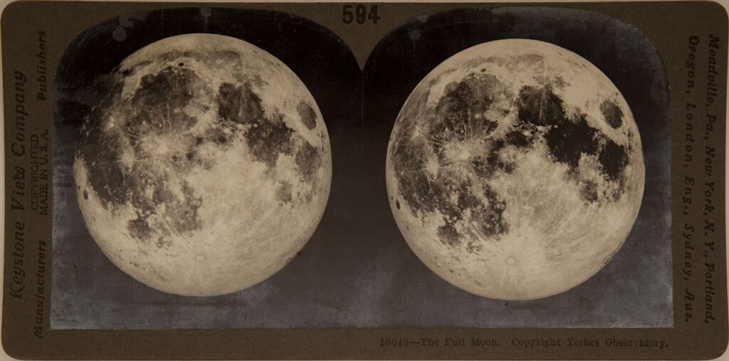 A stereograph card featuring a photograph of the moon.