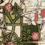 Hand-drawn design of a sinuous thorny vine with pink flowers creeping along a wooden trellis.