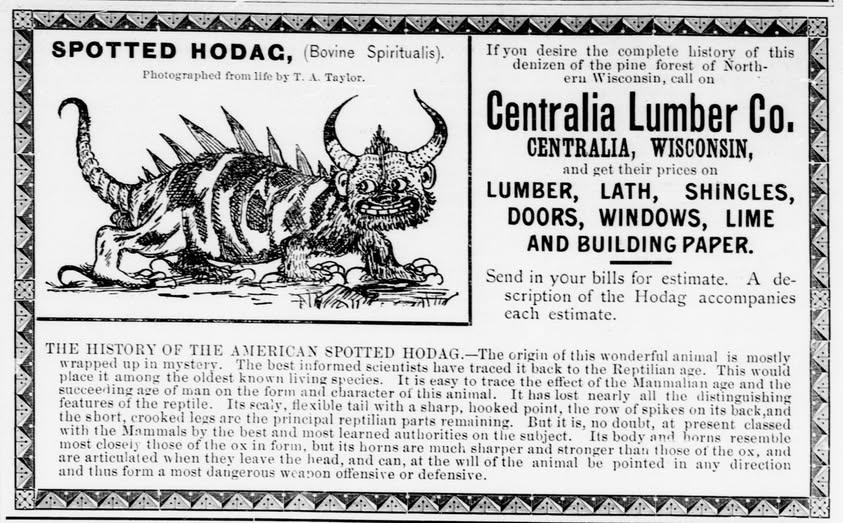 Newspaper clipping of an advertisement placed by the Centralia Lumber Company with the illustration of a spotted hodag.