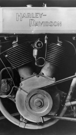 Photograph of a V-Twin motor mounted on a motorcycle.