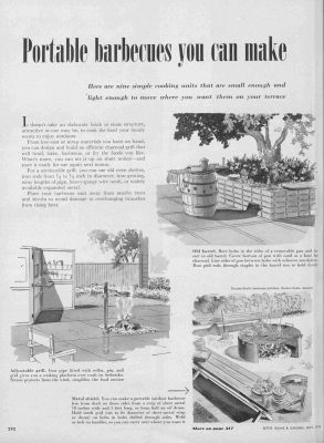 A black-and-white page from 'Better Homes & Gardens' with the article headline "Portable barbecues you can make" with three illustrations of homemade backyard barbecue set-ups.