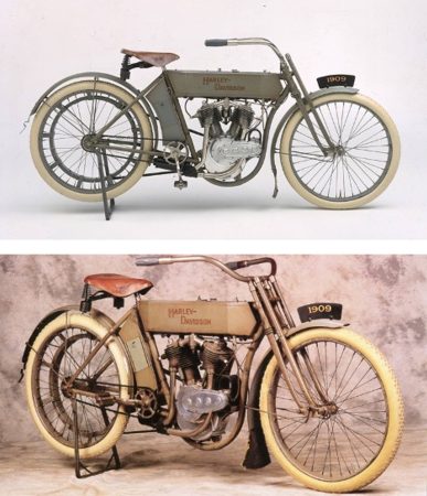 Two images of early models of Harley-Davidson motorcycle. The V-Twin engine is visible in both.