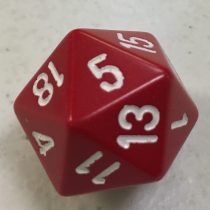 A color photo of a red twenty-sided die