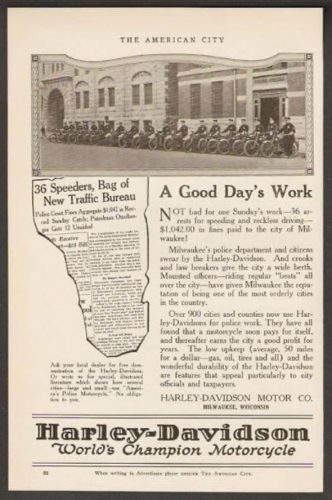 1923 Harley-Davidson advertisement featuring an image of policemen lined up on motorcycles.