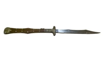 A folding knife with a wooden handle with brass scallop details at each end of the handle and diamond-shaped pins.