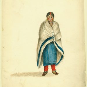 A Native American woman wearing a white trade blanket with a wide blue stripe along its edge.
