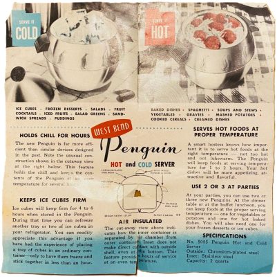 Instruction pamphlet for the penguin server. Illustrations at the top of the page show a server filled with ice cubes and the instructions "Serve it Cold" and another server filled with spaghetti and meatballs and the instructions "Serve it Hot." Other section headers highlight the servers features, like, "Holds chill for hours," "Keeps Ice Cubes Firm," "Serves Hot Food at Proper Temperature," and "Air Insulated." Another section suggests using multiples for serving guests at parties.