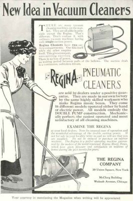 A black-and-white illustrated advertisement for Regina Pneumatic Cleaners. The illustration shows a woman using the vacuum. In one hand she steers the tank which is mounted on a low trolley, in the other hand she uses the long hose and cleaner head.