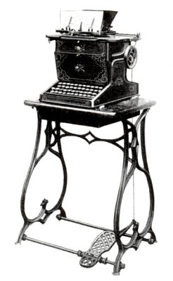 A typewriter on a treadle stand. It looks much like a mechanical Singer sewing machine table.