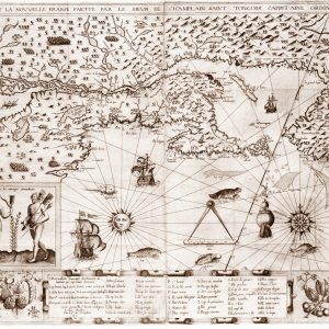 A hand-drawn map showing the Great Lakes used by french explorers
