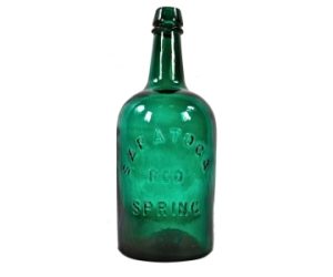 A dark green glass bottle, raised lettering reads “Saratoga Red Spring”