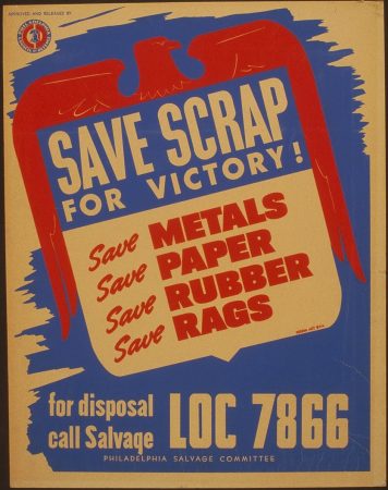A screen-printed poster in red and blue (the white background has discolored to a khaki color) with the image of an eagle and crest with the words "Save Scrap for Victory! Save Metals. Save Paper. Save Rubber. Save Rags."