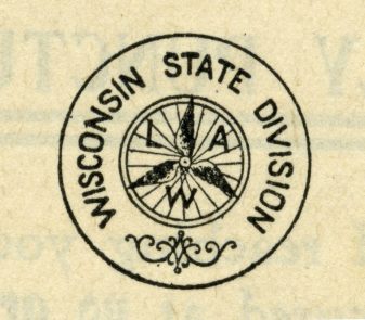 Logo of the Wisconsin State Division of League of American Wheelmen consisting of the letters L, A, and W and 3 wings on a spoked wheel surrounded by a circle with "Wisconsin State Division" written in it.