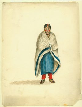 A water color painting depicting a Native American woman wearing a white trade blanket with a wide blue stripe along its edge.