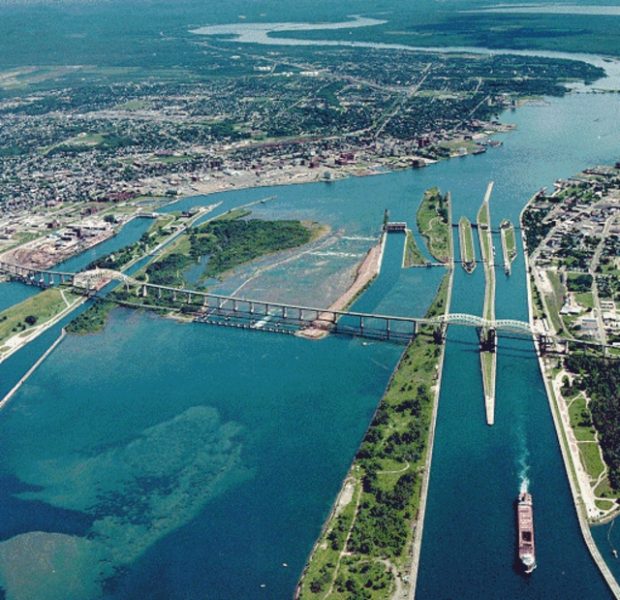 Elevated photograph of the Soo Locks on the St. Marys River between Lake Superior and Lake Huron.
